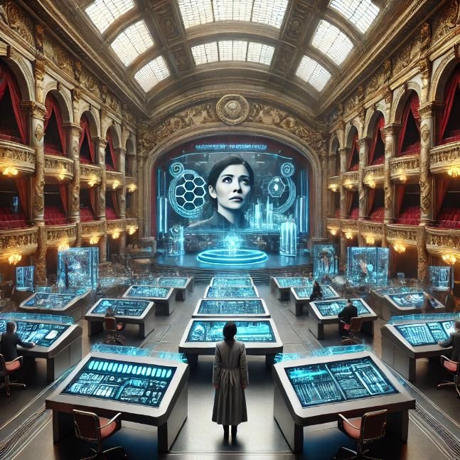 Futuristic research facility inside a grand, restored theater with advanced machinery and holographic displays.