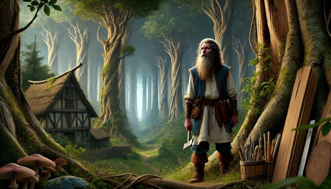 Thomas, a skilled woodworker, stands at the edge of an ancient, enchanted forest near a small village, thoughtfully preparing to enter with his woodworking tools.