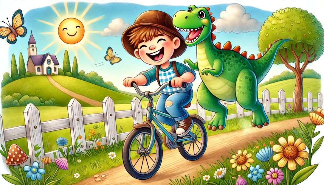 A child rides a bicycle joyfully beside a friendly dinosaur in a sunny, idyllic countryside with a fence and flowers. The scene is colorful and lively, capturing the fun and excitement of their imaginative ride.